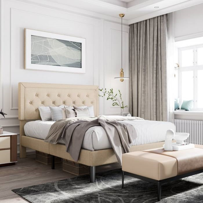 Full Size Adjustable Height Platform Bed Frame with Beige Upholstered Headboard - PRHOMZ