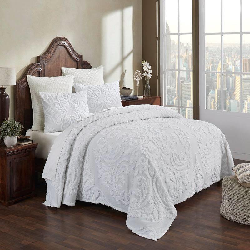 Full Size 100-Percent Cotton Chenille 3-Piece Coverlet Bedspread Set in White - PRHOMZ