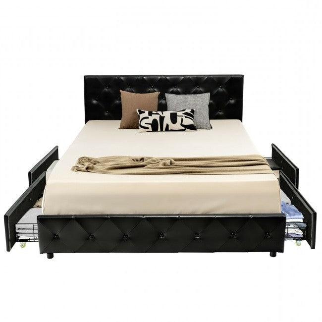 Full Size Black PU Leather Button Tufted Platform Bed with 4 Storage Drawers - PRHOMZ