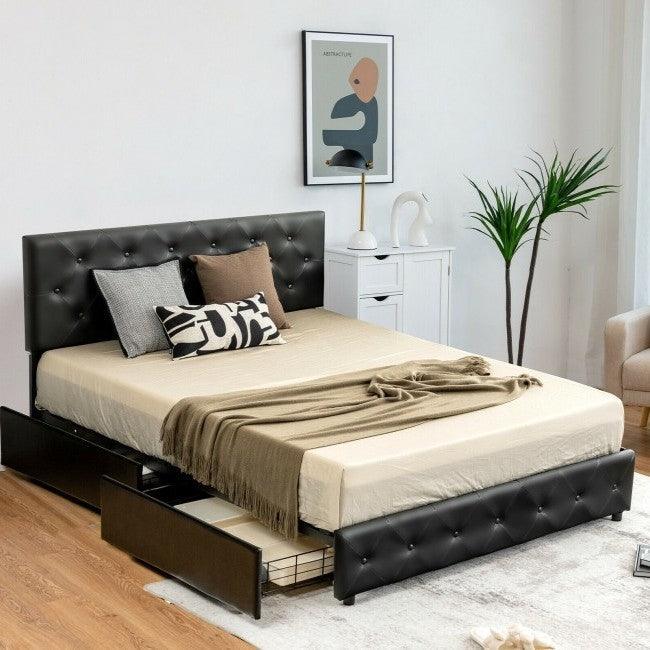 Full Size Black PU Leather Button Tufted Platform Bed with 4 Storage Drawers - PRHOMZ