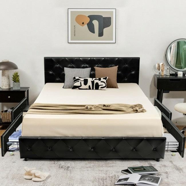 Full Size Black PU Leather Button Tufted Platform Bed with 4 Storage Drawers - PRHOMZ
