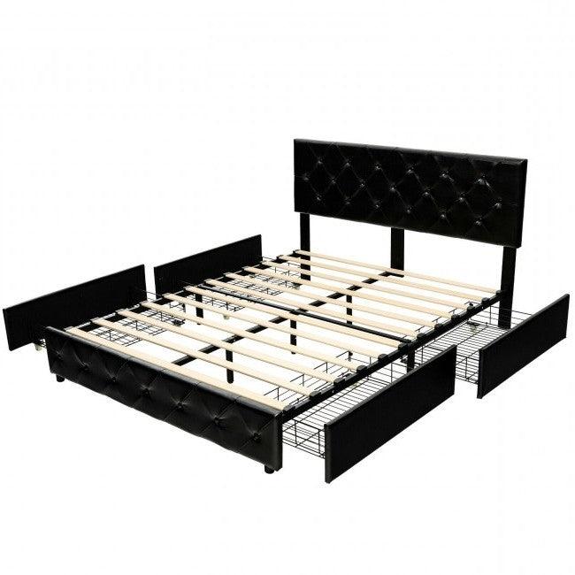 Full Size Black PU Leather Button Tufted Platform Bed with 4 Storage Drawers - PRHOMZ