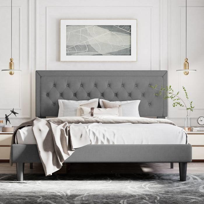 Full Size Dark Grey Linen Upholstered Platform Bed with Button-Tufted Headboard - PRHOMZ