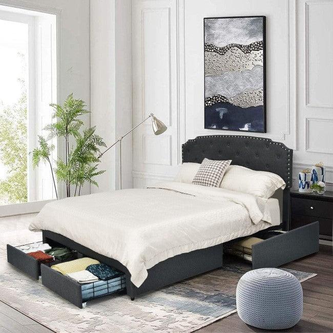 Full Size Grey Linen Adjustable Headboard 4 Drawer Storage Platform Bed - PRHOMZ