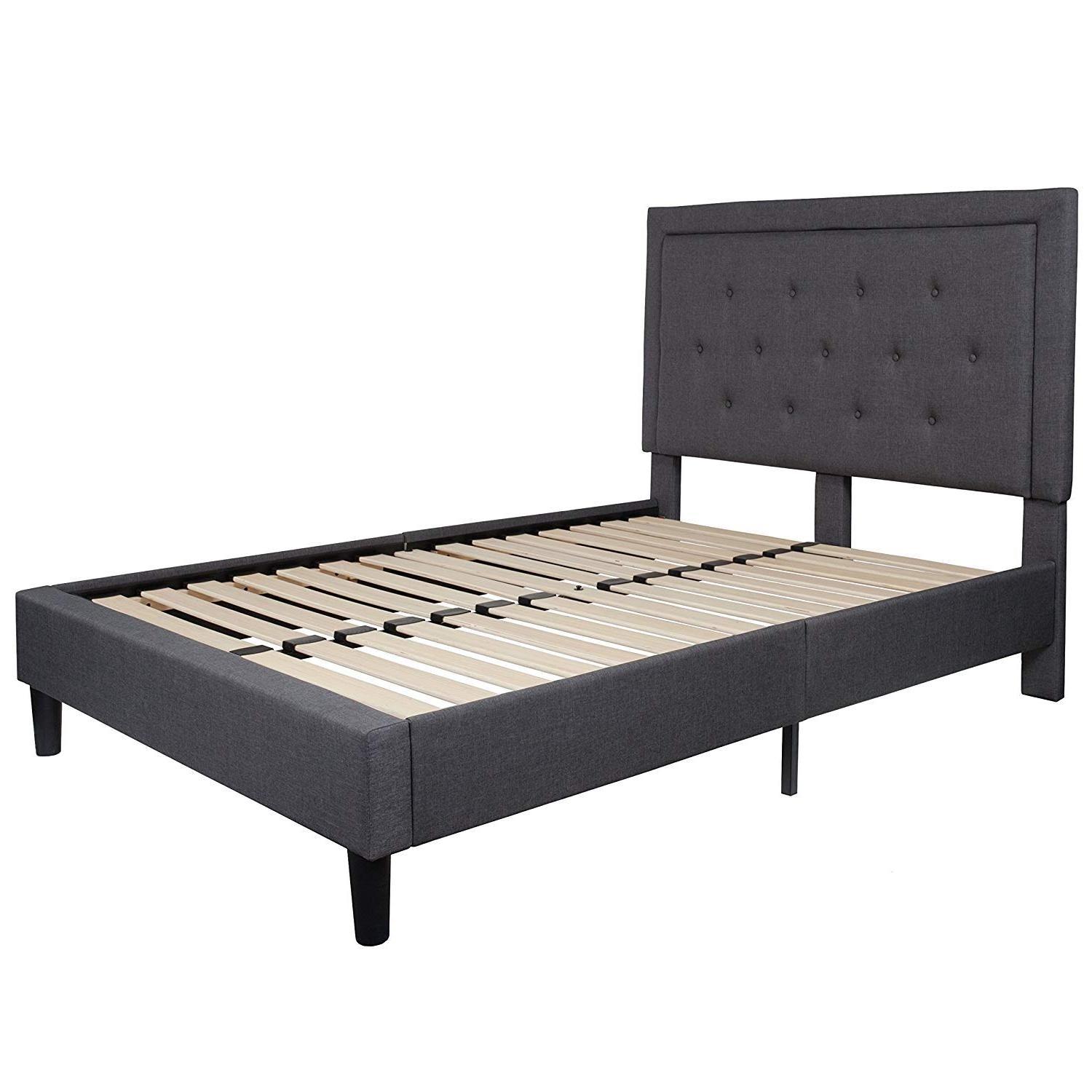 Full size Dark Grey Fabric Upholstered Platform Bed Frame with Tufted Headboard - PRHOMZ