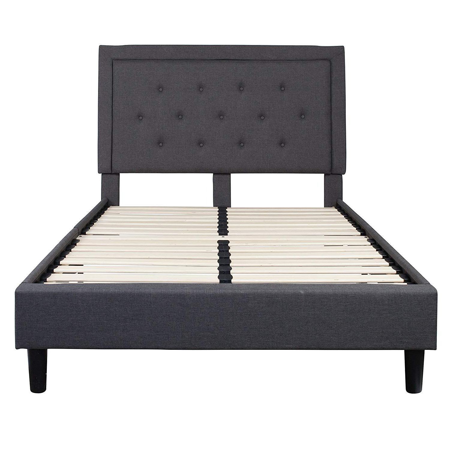 Full size Dark Grey Fabric Upholstered Platform Bed Frame with Tufted Headboard - PRHOMZ