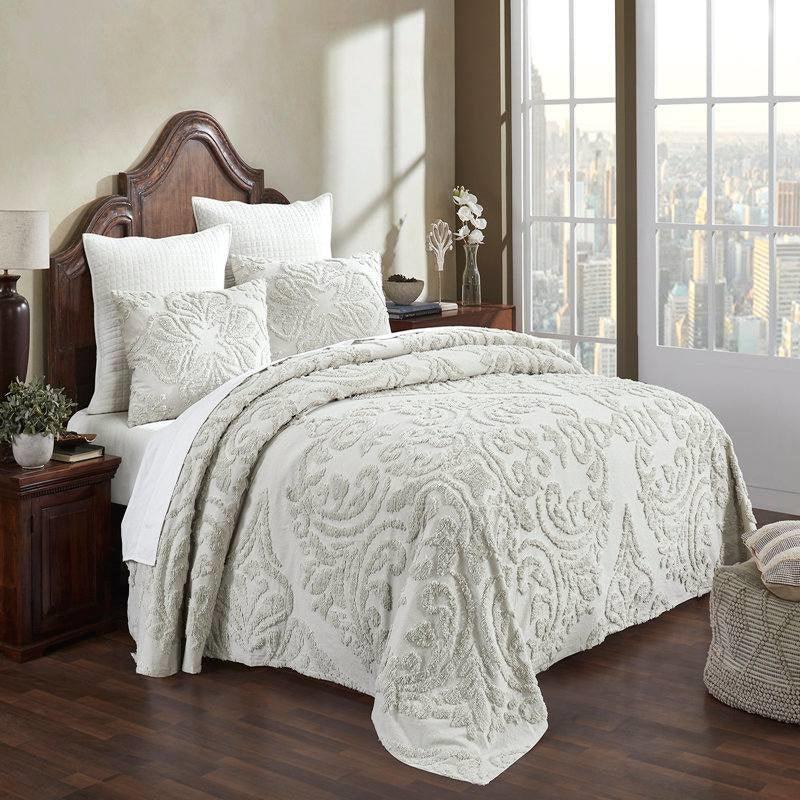 Full Size 100-Percent Cotton Chenille 3-Piece Coverlet Bedspread Set in Ivory - PRHOMZ