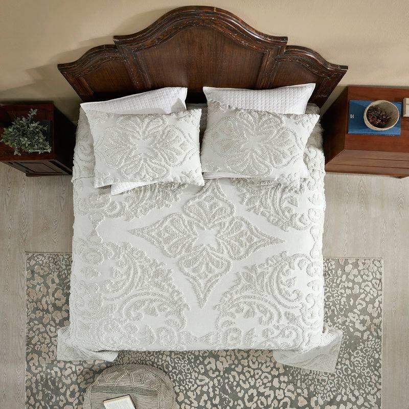 Full Size 100-Percent Cotton Chenille 3-Piece Coverlet Bedspread Set in Ivory - PRHOMZ