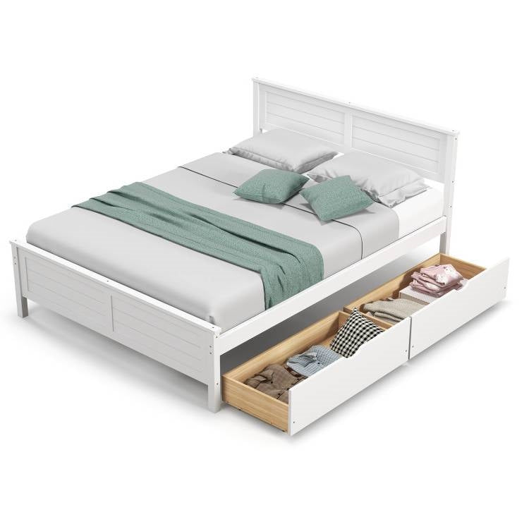 Full Size White Platform Bed Frame with 2 Storage Drawers-0