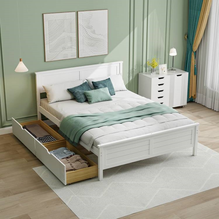 Full Size White Platform Bed Frame with 2 Storage Drawers-1