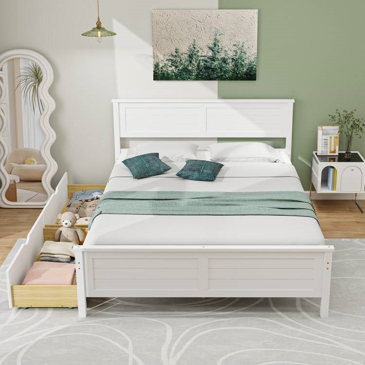 Full Size White Platform Bed Frame with 2 Storage Drawers-2