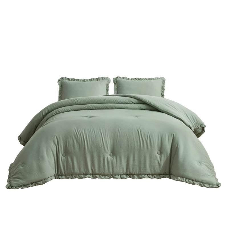 Full Size Sage Green Microfiber 3-Piece Comforter Set with Ruffled Edge Trim - PRHOMZ