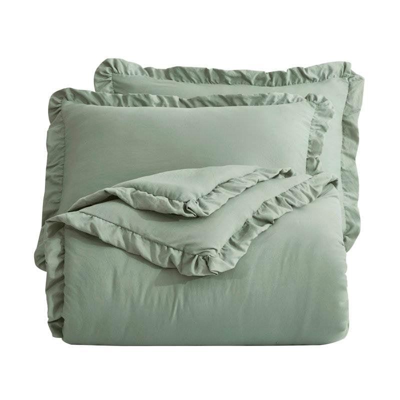 Full Size Sage Green Microfiber 3-Piece Comforter Set with Ruffled Edge Trim - PRHOMZ