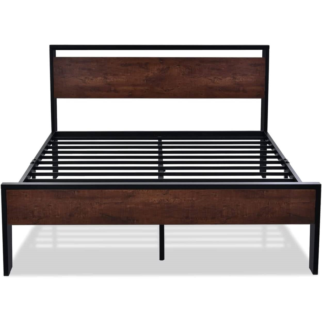 Full Metal Platform Bed Frame with Mahogany Wood Panel Headboard Footboard-2