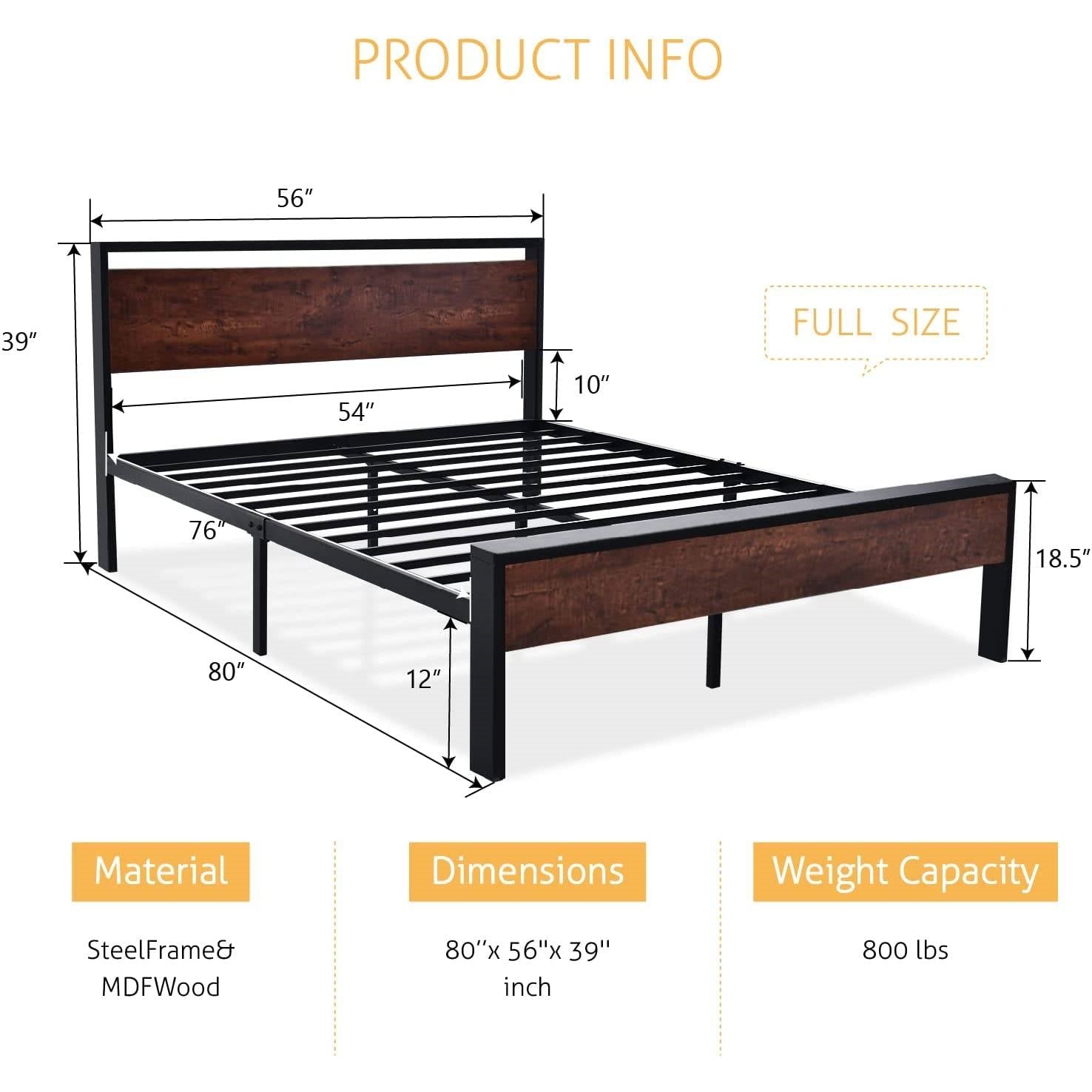 Full Metal Platform Bed Frame with Mahogany Wood Panel Headboard Footboard-4