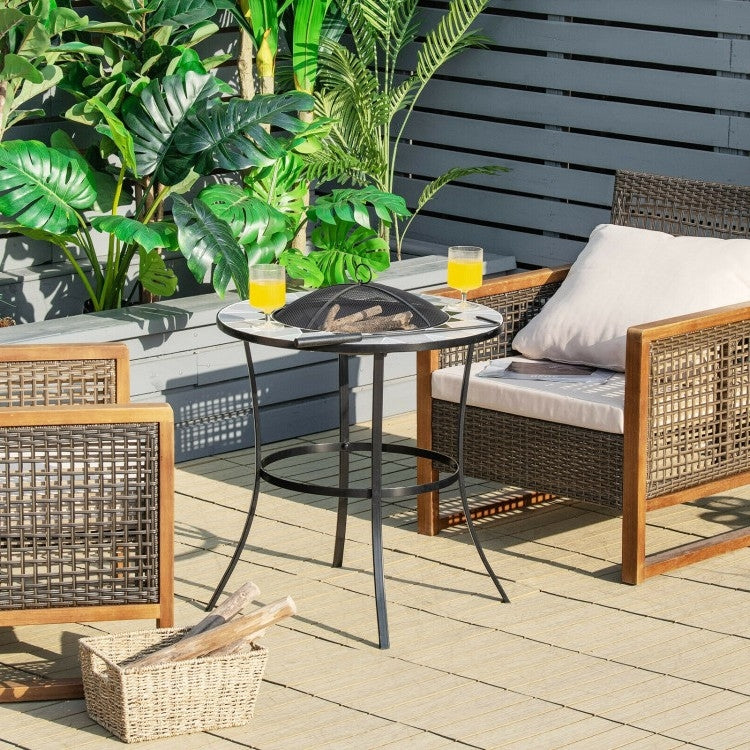 Portable Round Fire Pit Table with Mesh Cover and Fire Poker-2