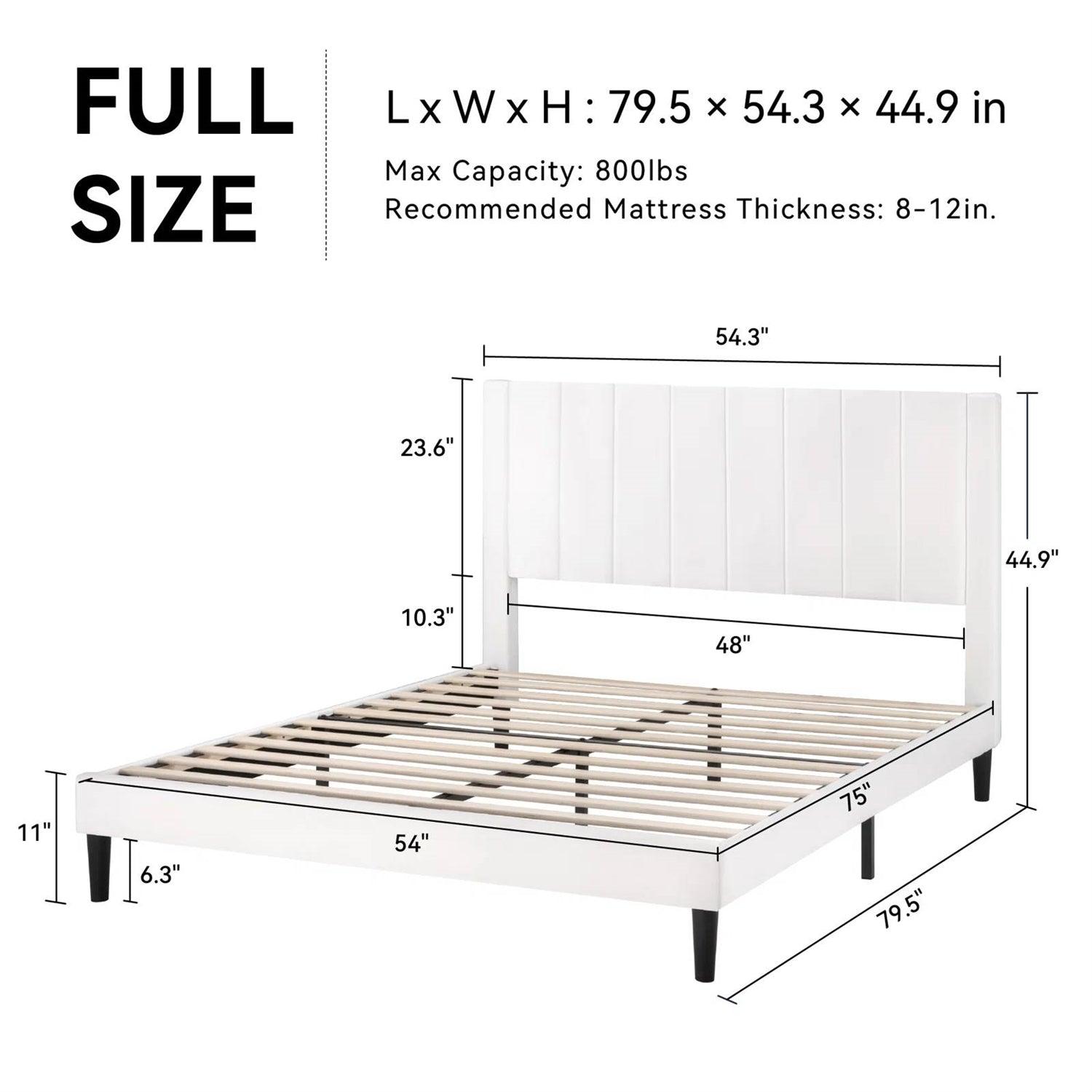Full size White Velvet Upholstered Platform Bed Frame with Headboard - PRHOMZ