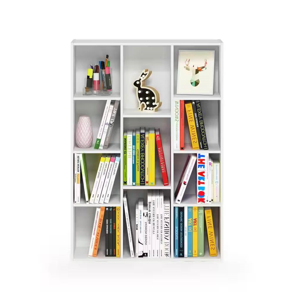 Modern 42-inch High Bookcase with 11-Cube Open Shelves in White Wood Finish-2