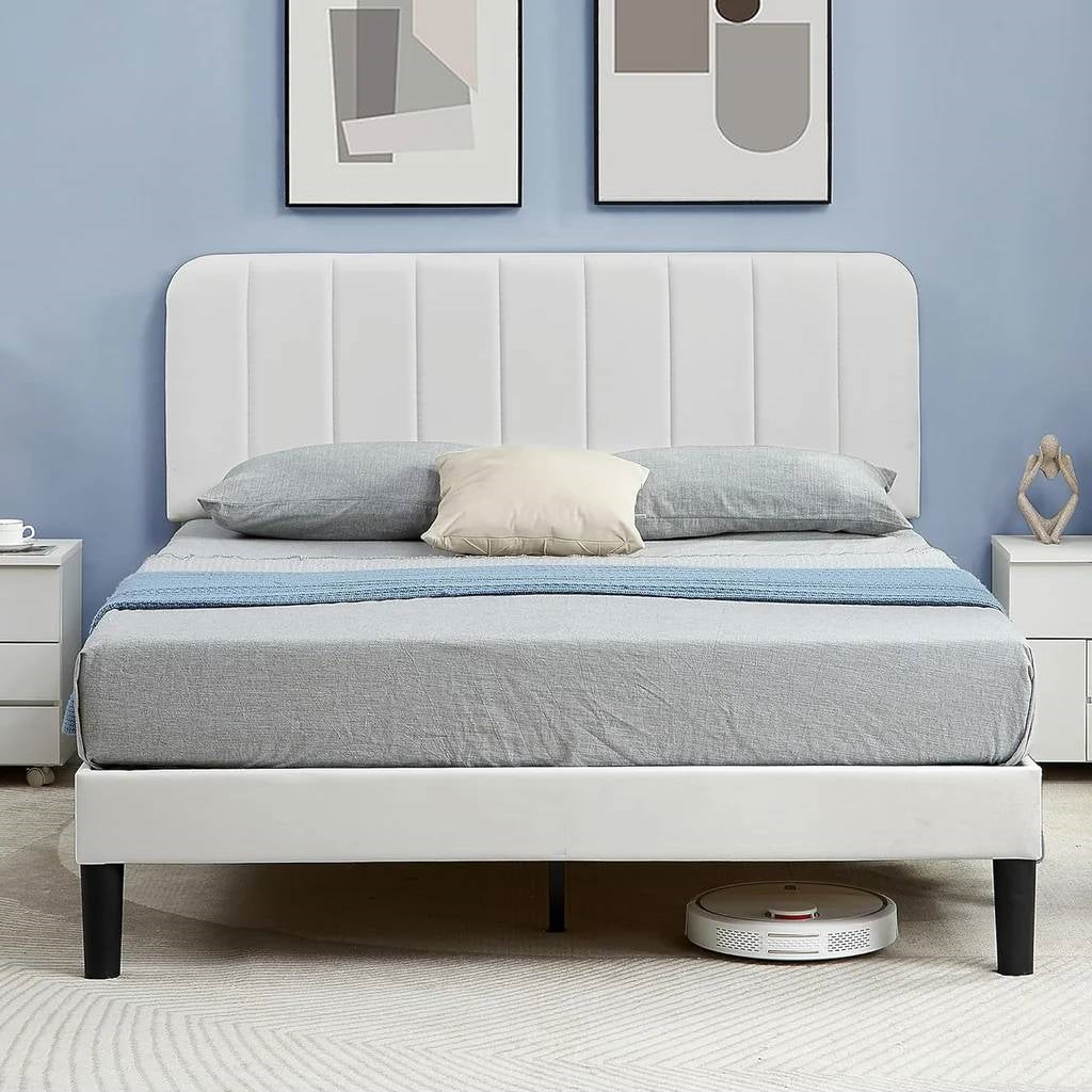 Full size White Upholstered Platform Bed Frame with Headboard-2