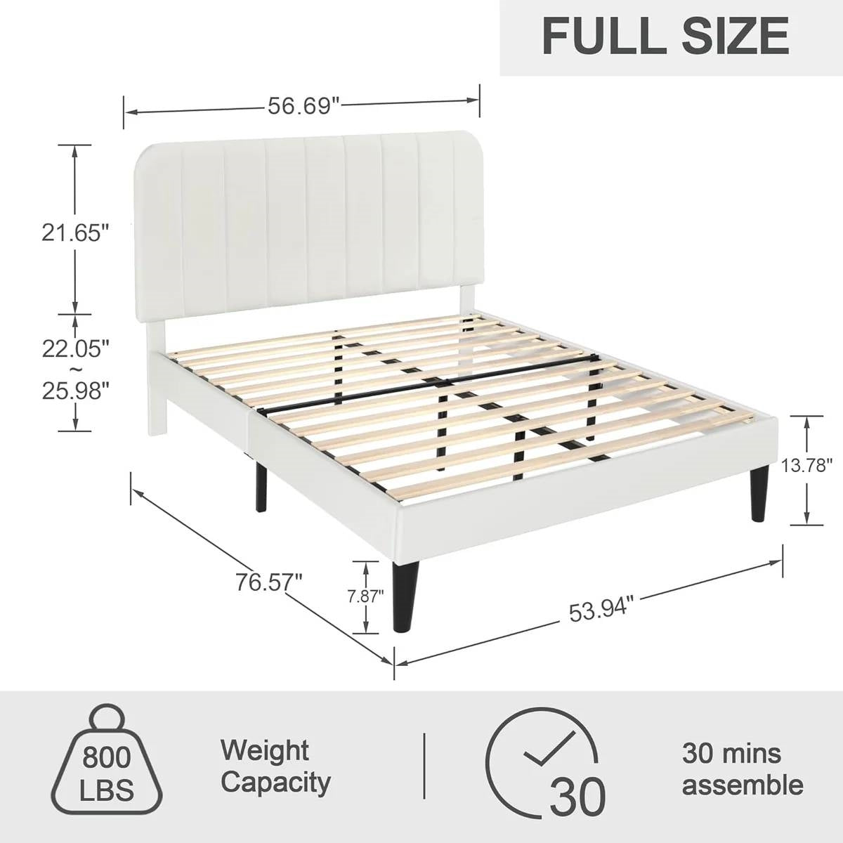Full size White Upholstered Platform Bed Frame with Headboard-3