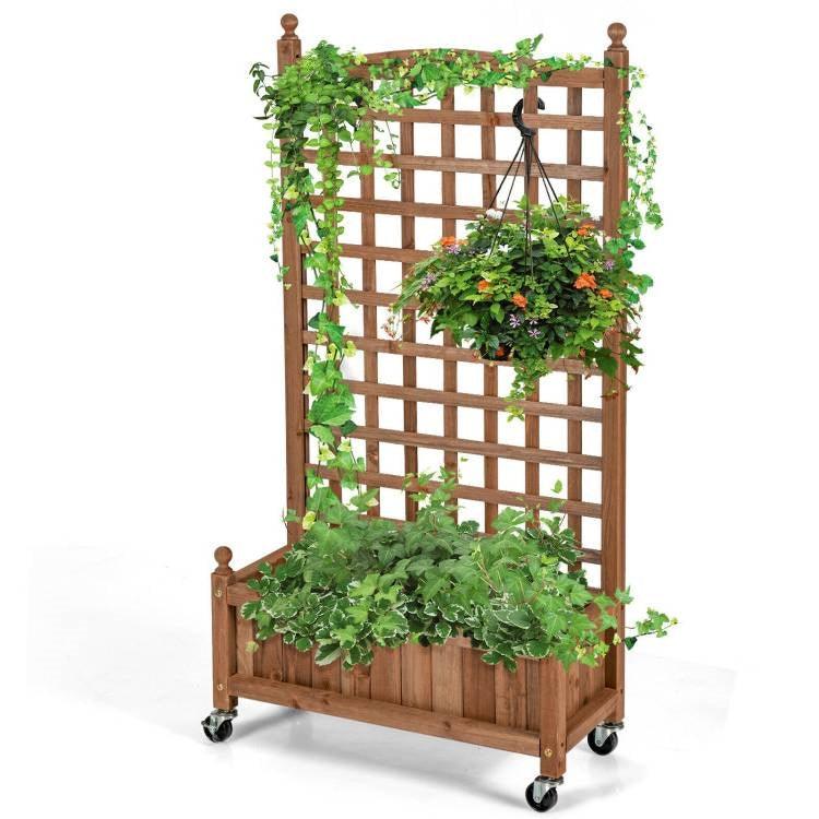 Outdoor Solid Wood Raised Garden Bed Mobile Planter Box with Trellis on Wheels - PRHOMZ