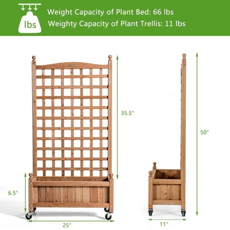 Outdoor Solid Wood Raised Garden Bed Mobile Planter Box with Trellis on Wheels - PRHOMZ