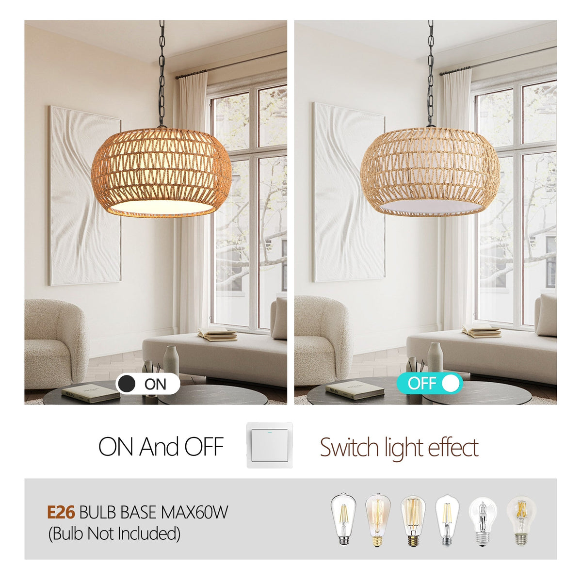 Farmhouse Pendant Light with Adjustable Height, Boho Woven Jute Rope Hanging Ceiling Light Fixture