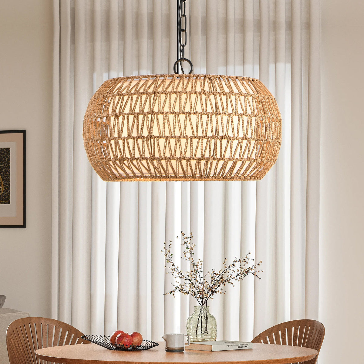 Farmhouse Pendant Light with Adjustable Height, Boho Woven Jute Rope Hanging Ceiling Light Fixture