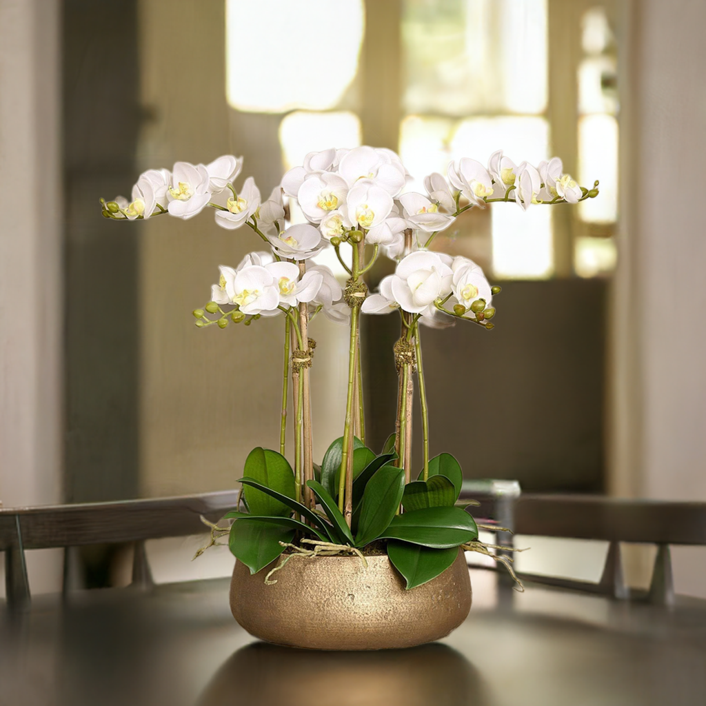 Faux White Orchid Arrangement In Matte Gold Planter