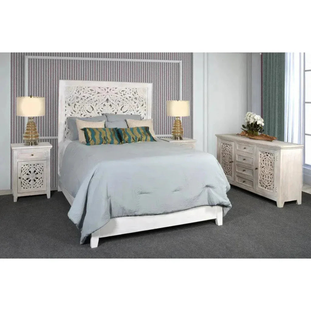 Feyloren Wooden White Bed Frame with Tall Headboard