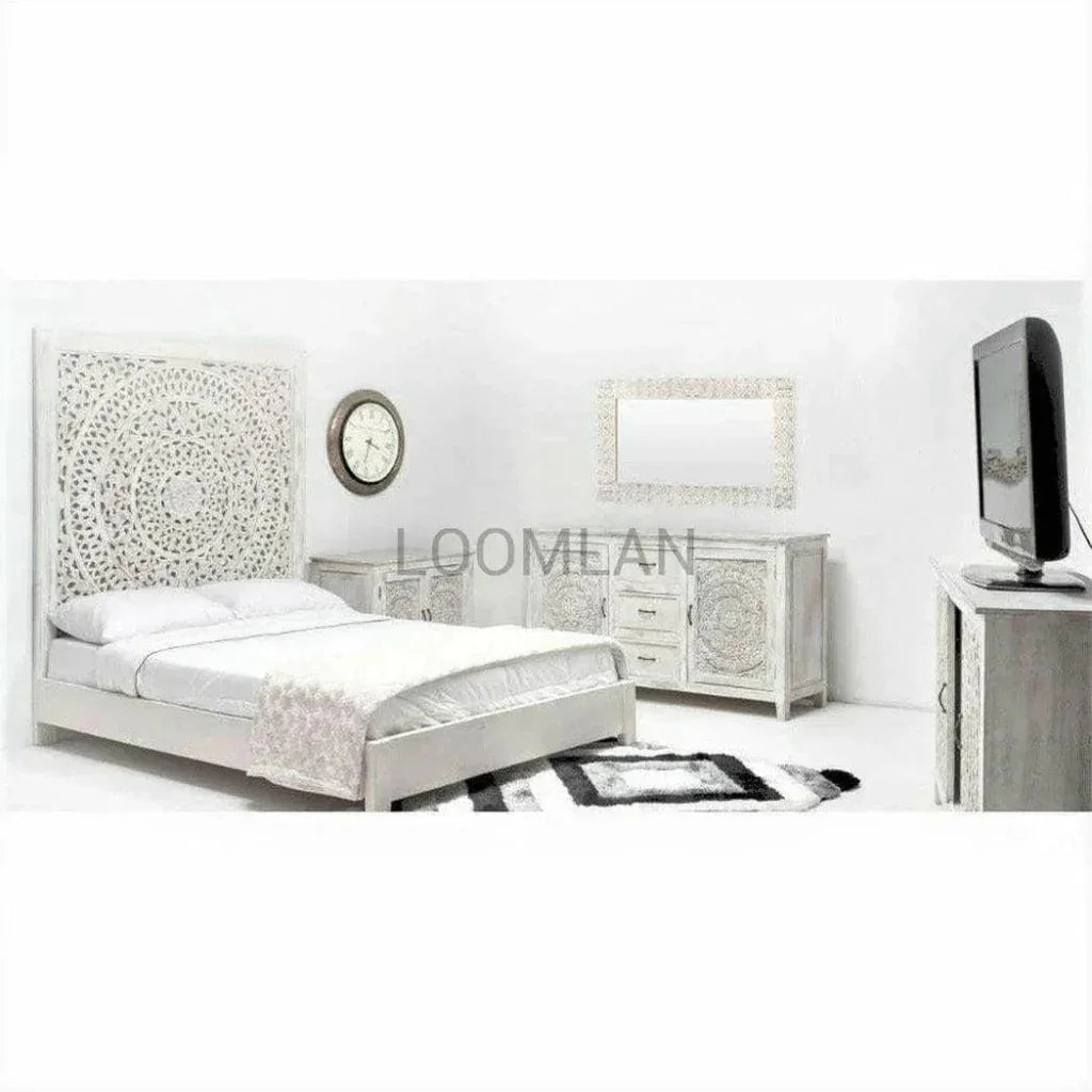 Feyloren Wooden White Bed Frame with Tall Headboard