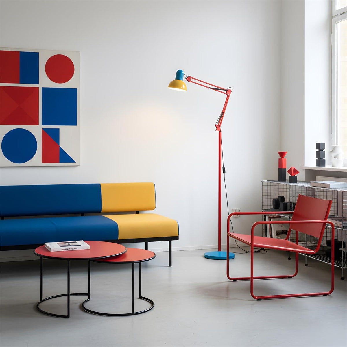 Memphis Style Arc Floor Lamp with Adjustable Arm | Bold Color Block Light