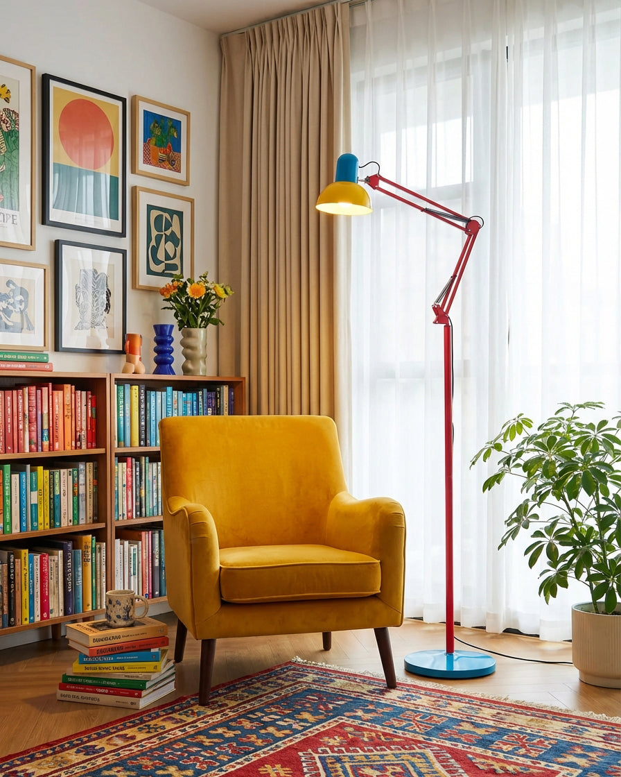 Memphis Style Arc Floor Lamp with Adjustable Arm | Bold Color Block Light