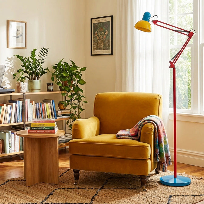Memphis Style Arc Floor Lamp with Adjustable Arm | Bold Color Block Light