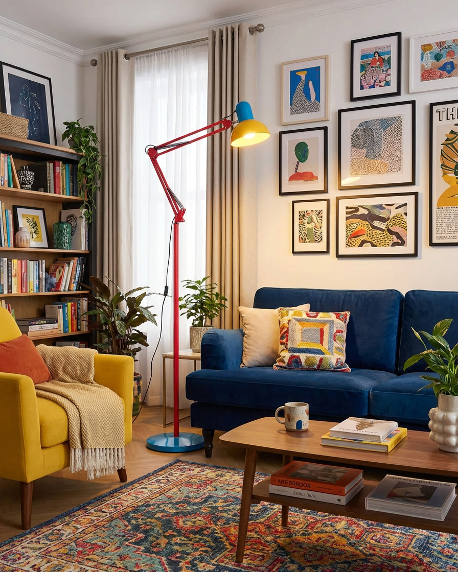Memphis Style Arc Floor Lamp with Adjustable Arm | Bold Color Block Light