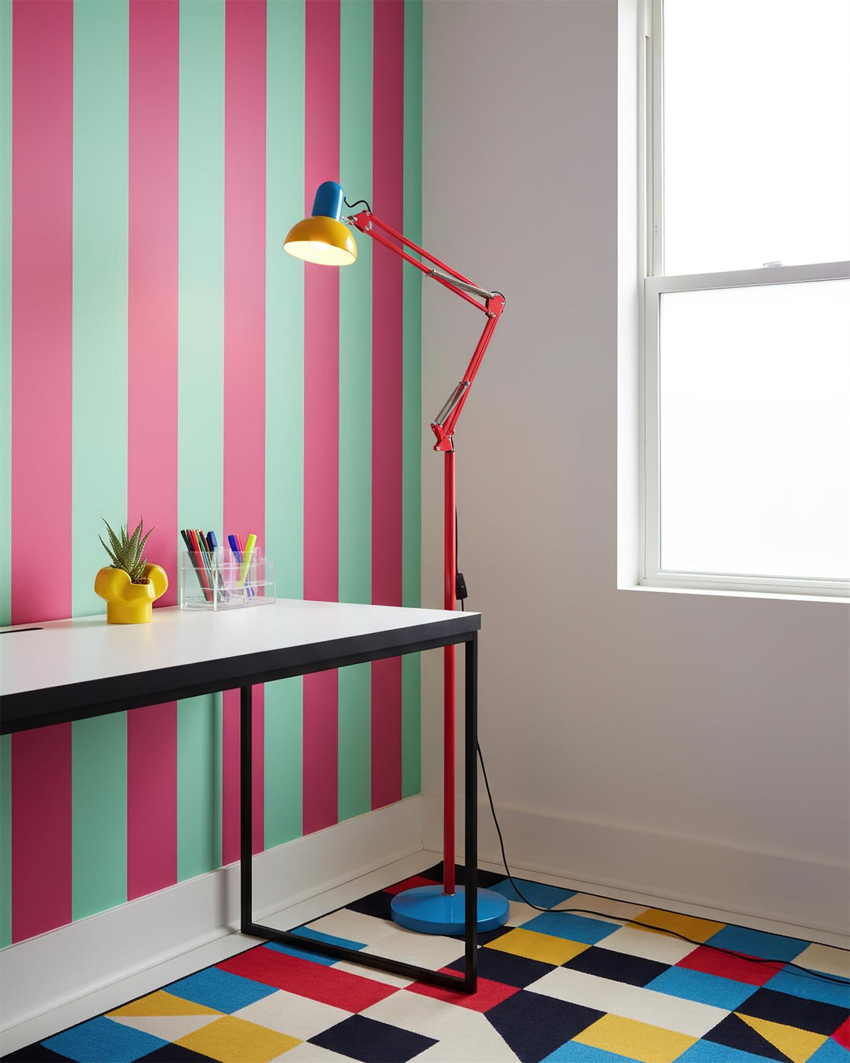 Memphis Style Arc Floor Lamp with Adjustable Arm | Bold Color Block Light