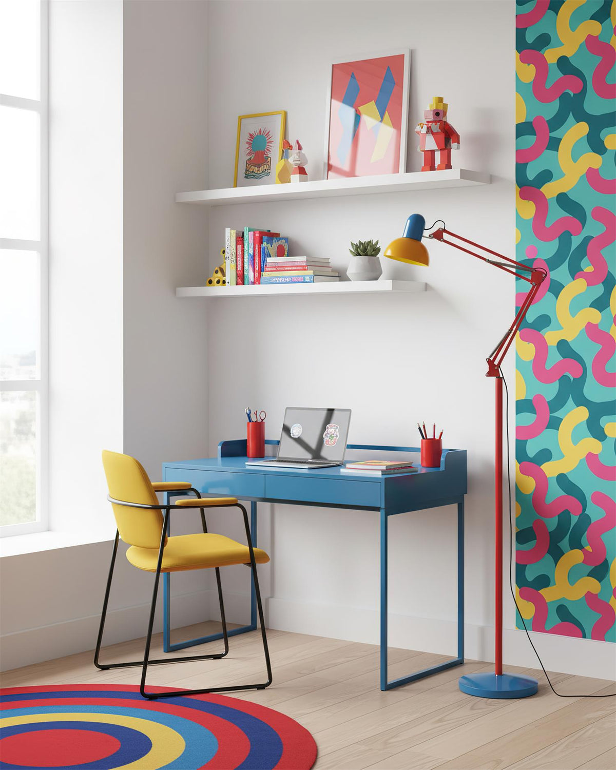 Memphis Style Arc Floor Lamp with Adjustable Arm | Bold Color Block Light