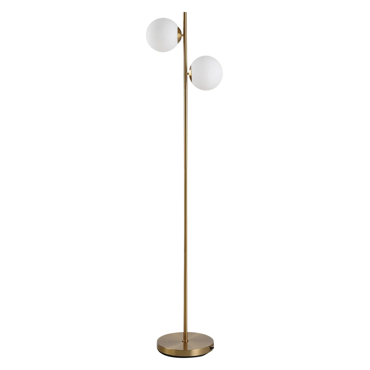 Modern Double Globe Floor Lamp – White Glass Shades, Gold Metal Stand & Foot Switch | Living Room & Bedroom