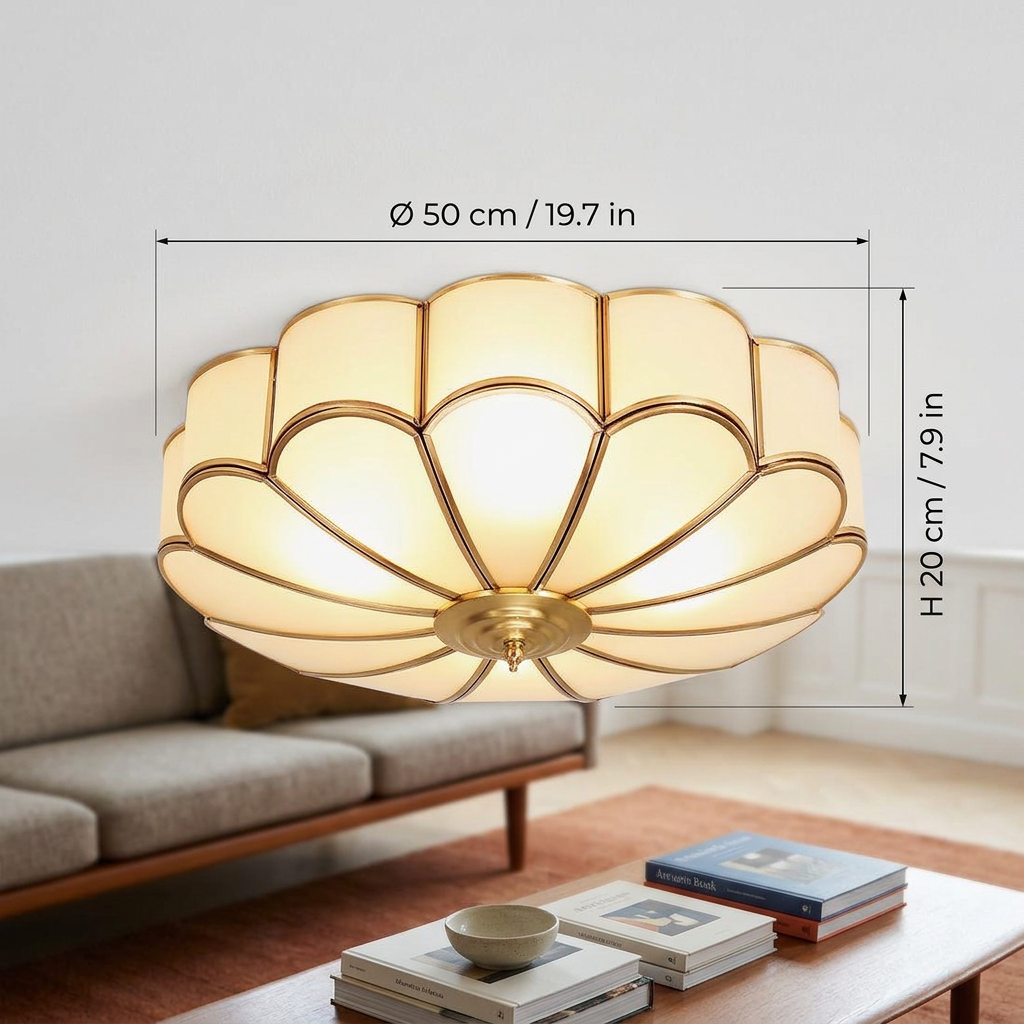 Flower Shape Frosted Glass Ceiling Light with Brass Frame for Soft Ambient Glow