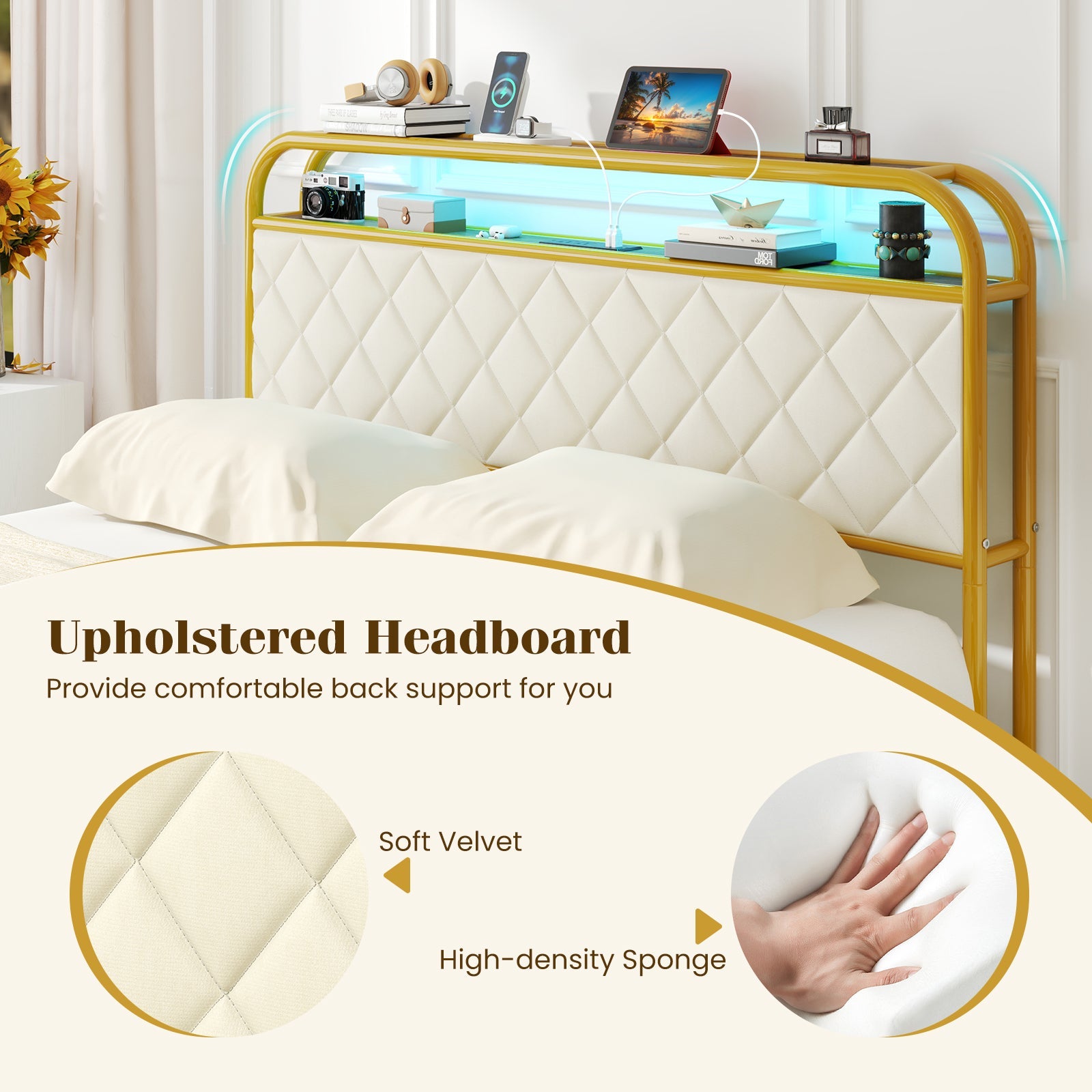 Twin/Full/Queen Size Bed Frame with LED Lights and Charging Station Gold