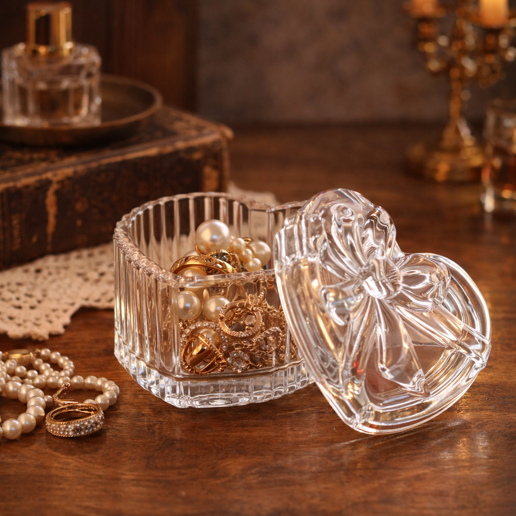 Crystal Glass Heart Storage Jar with Bowl Lid