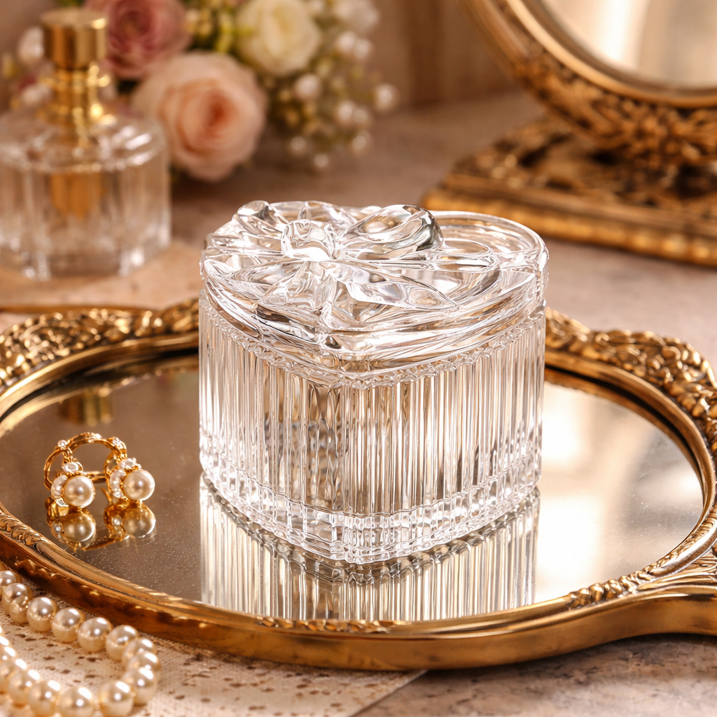 Crystal Glass Heart Storage Jar with Bowl Lid