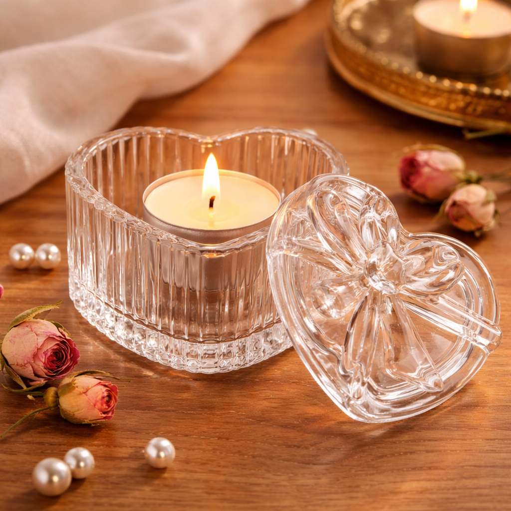 Crystal Glass Heart Storage Jar with Bowl Lid