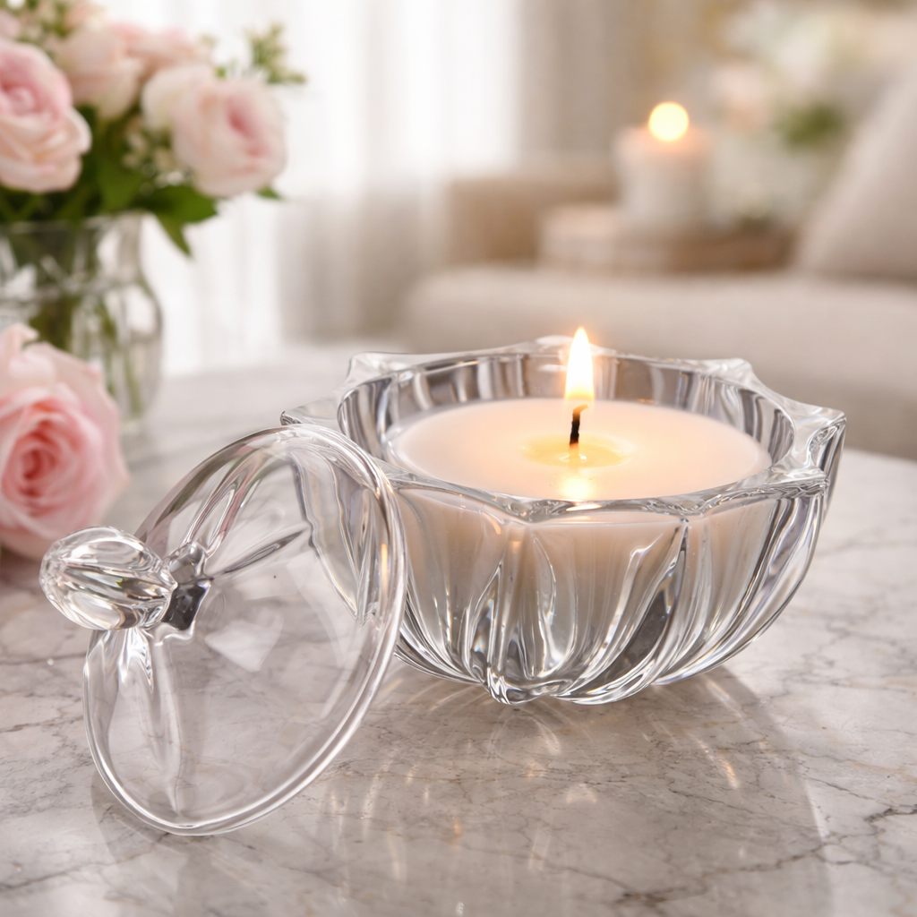 Petal Cut Glass Jar with Faceted Lid & Floral Silhouette