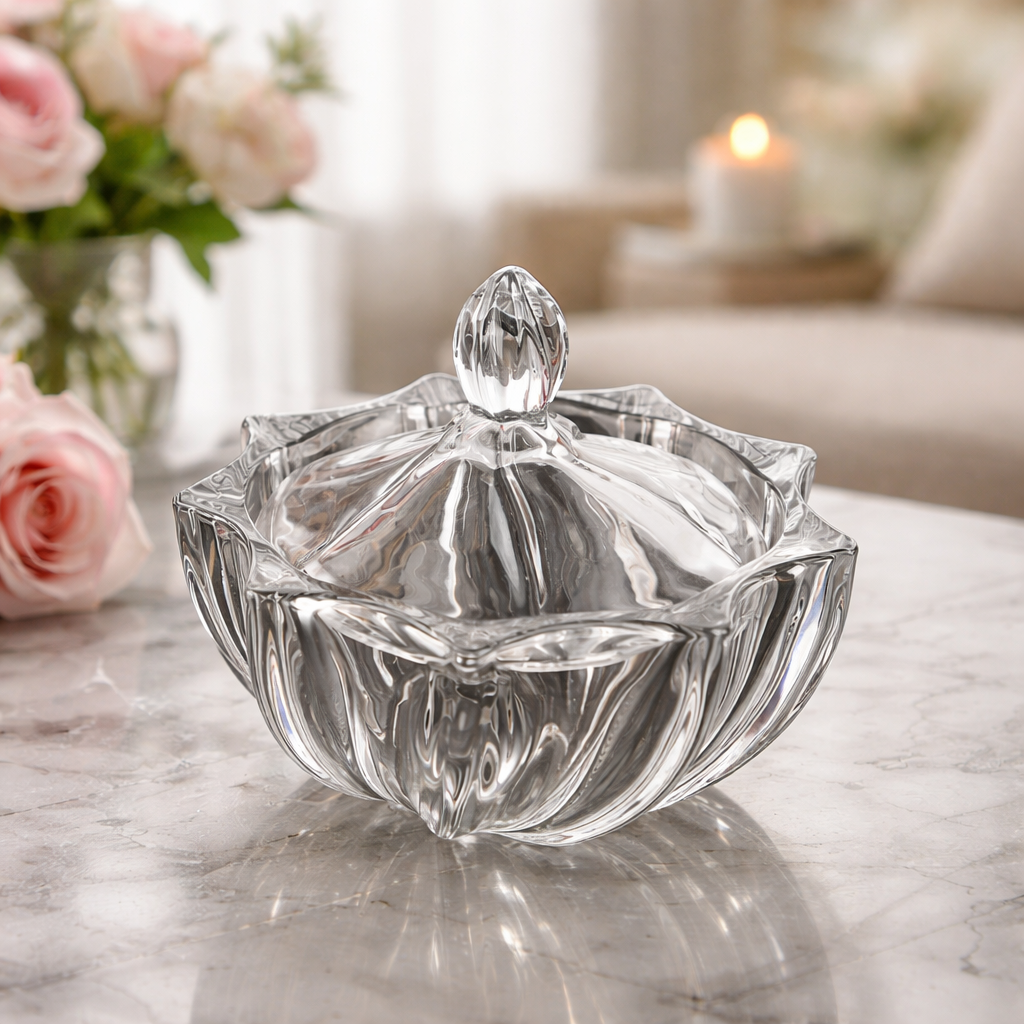 Petal Cut Glass Jar with Faceted Lid & Floral Silhouette