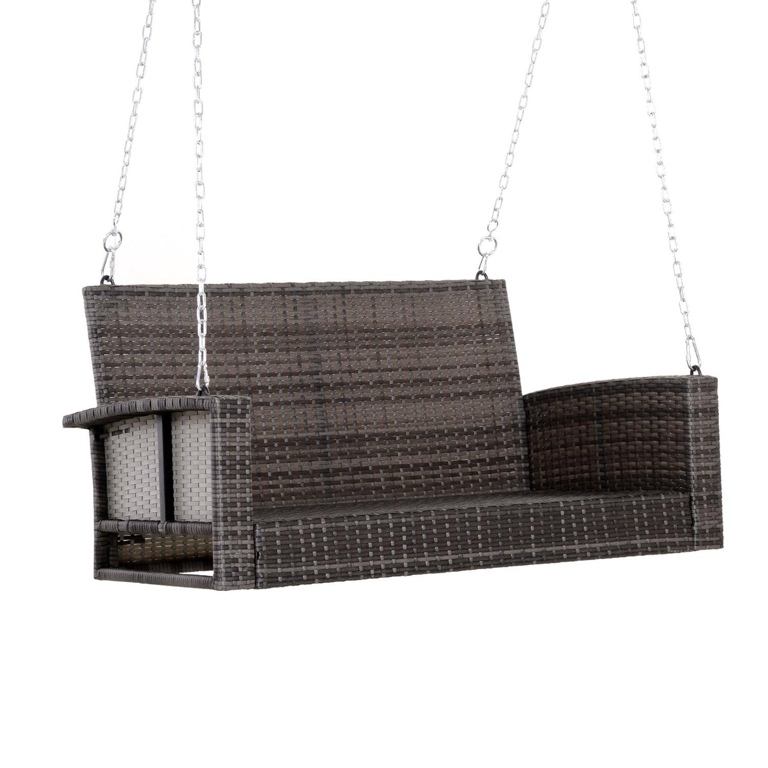 Grey Tones Wicker Porch Swing 7ft Hanging Chain with Dark Grey Padded Cushion - PRHOMZ