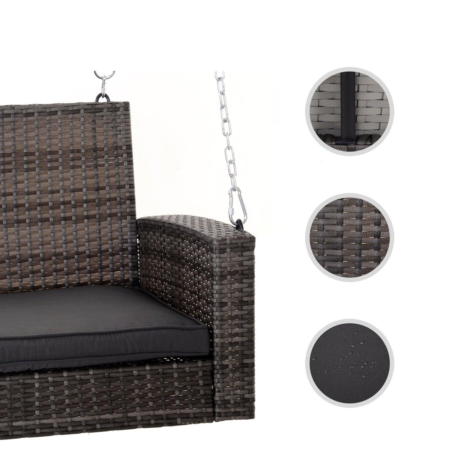 Grey Tones Wicker Porch Swing 7ft Hanging Chain with Dark Grey Padded Cushion - PRHOMZ