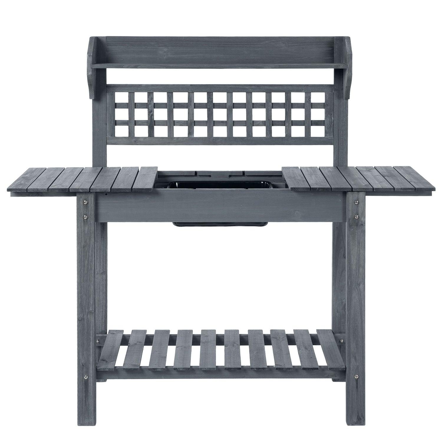 Outdoor Grey Wood Potting Bench Expandable Top with Food Grade Plastic Sink - PRHOMZ