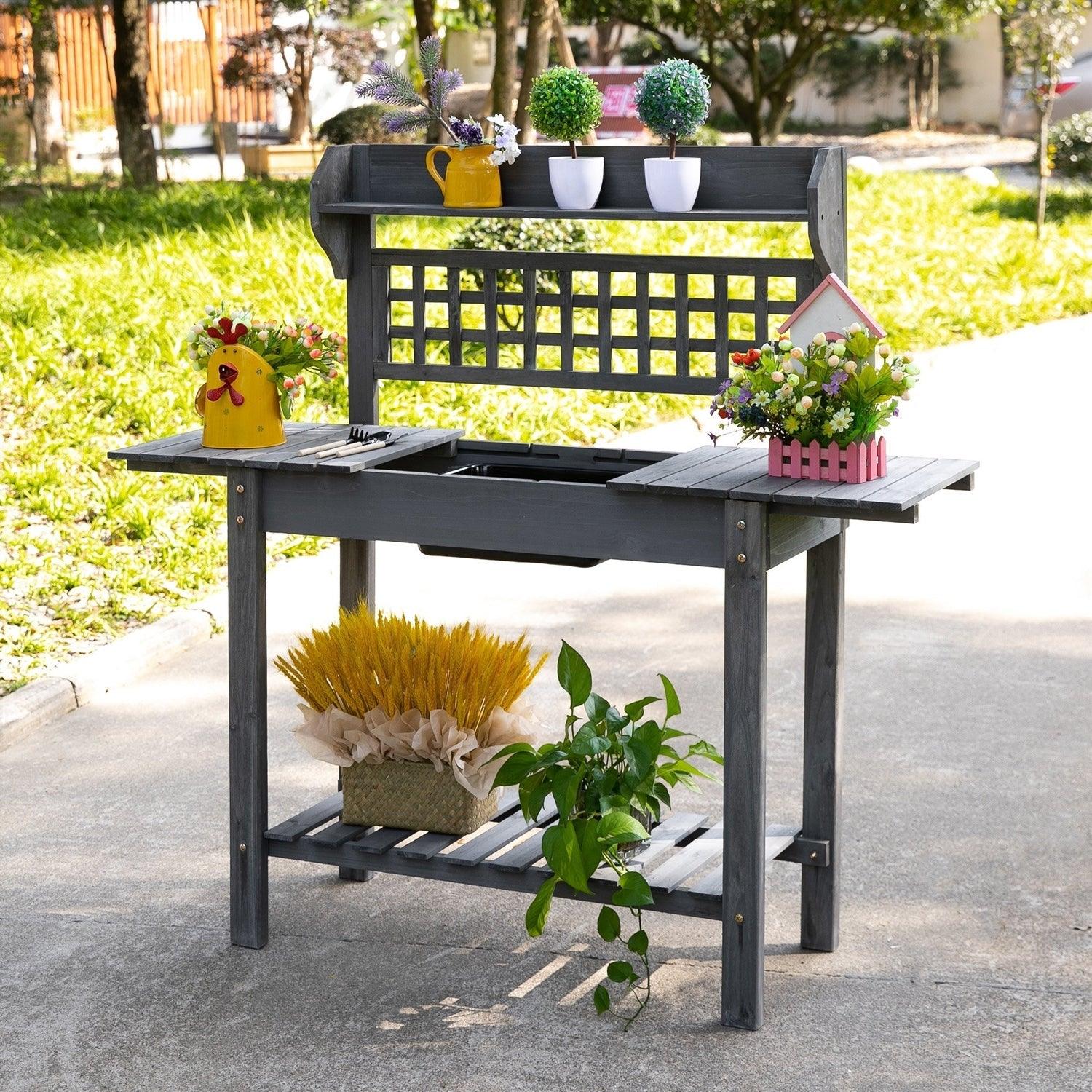 Outdoor Grey Wood Potting Bench Expandable Top with Food Grade Plastic Sink - PRHOMZ