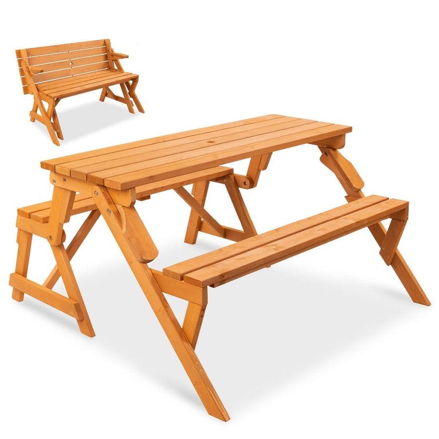 Outdoor Interchangeable 2 in 1 Multi-Use Wooden Picnic Table Garden Bench Umbrella Hole - PRHOMZ